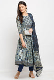 Blue Pure Cambric Cotton Printed Kurta Set With Dupatta