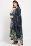 Blue Pure Cambric Cotton Printed Kurta Set With Dupatta