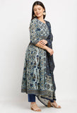 Blue Pure Cambric Cotton Printed Kurta Set With Dupatta