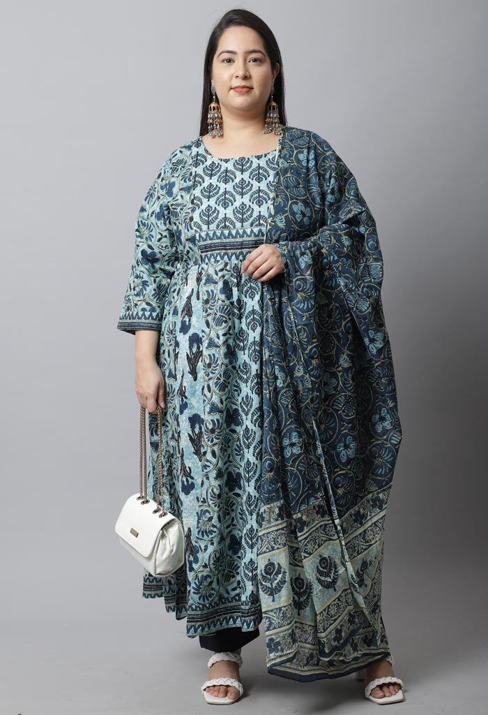 Pure Cambric Cotton Printed Plus Size Kurta Set With Dupatta