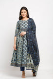 Blue Pure Cambric Cotton Printed Kurta Set With Dupatta