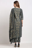 Navy Blue Pure Cambric Cotton Embroidered Kurta Set With Dupatta