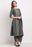 Navy Blue Pure Cambric Cotton Embroidered Kurta Set With Dupatta