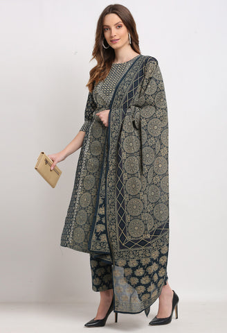 Navy Blue Pure Cambric Cotton Embroidered Kurta Set With Dupatta