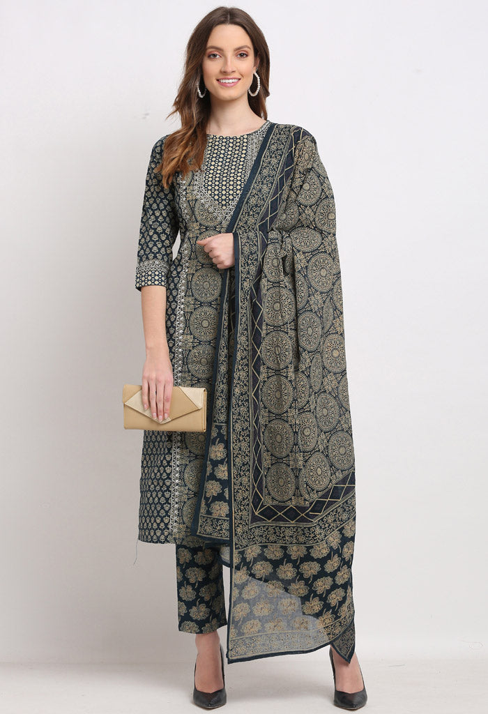 Navy Blue Pure Cambric Cotton Embroidered Kurta Set With Dupatta