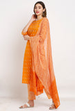 Orange Pure Cambric Cotton Floral Embroidered Kurta Set With Dupatta