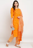 Orange Pure Cambric Cotton Floral Embroidered Kurta Set With Dupatta