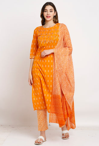 Orange Pure Cambric Cotton Floral Embroidered Kurta Set With Dupatta