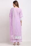 Purple Pure Cambric Cotton Floral Embroidered Kurta Set With Dupatta