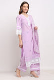 Purple Pure Cambric Cotton Floral Embroidered Kurta Set With Dupatta