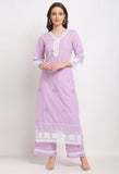 Purple Pure Cambric Cotton Floral Embroidered Kurta Set With Dupatta