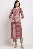 Grey & Magenta Pure Cambric Cotton Printed Kurta Set With Dupatta