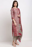 Grey & Magenta Pure Cambric Cotton Printed Kurta Set With Dupatta