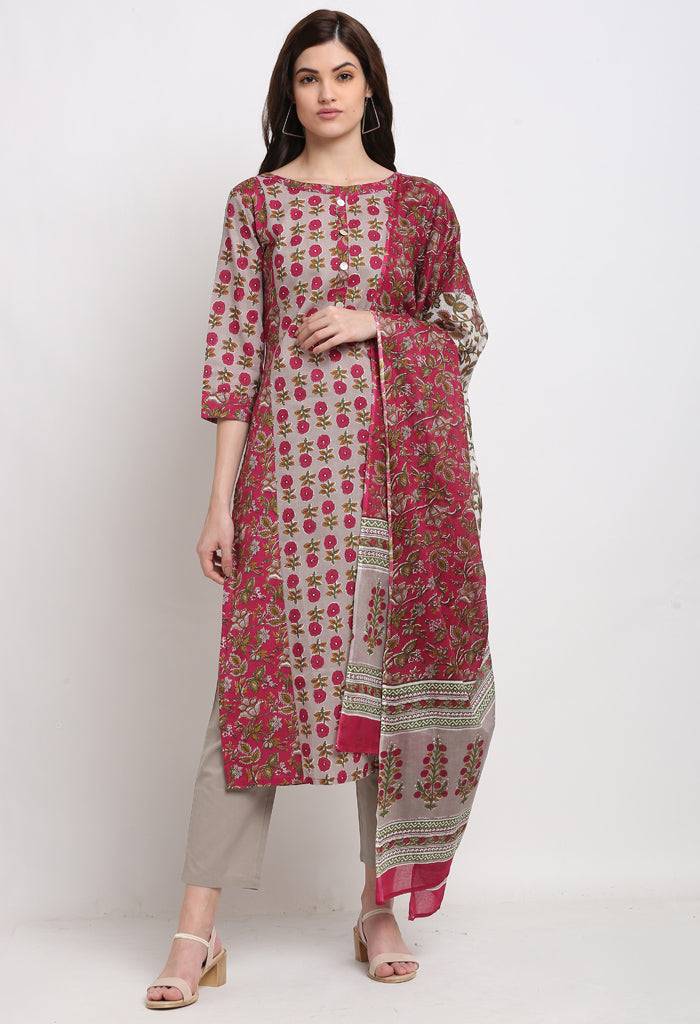 Grey & Magenta Pure Cambric Cotton Printed Kurta Set With Dupatta