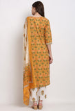 Mustard & White Pure Cambric Cotton Embroidered Kurta Set With Dupatta