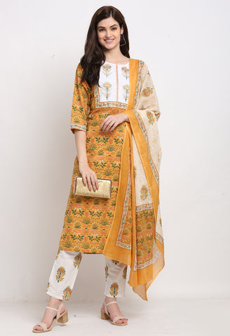 Mustard & White Pure Cambric Cotton Embroidered Kurta Set With Dupatta