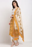 Mustard & White Pure Cambric Cotton Embroidered Kurta Set With Dupatta