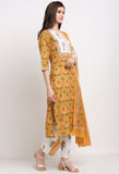 Mustard & White Pure Cambric Cotton Embroidered Kurta Set With Dupatta