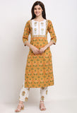 Mustard & White Pure Cambric Cotton Embroidered Kurta Set With Dupatta