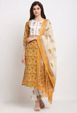 Mustard & White Pure Cambric Cotton Embroidered Kurta Set With Dupatta