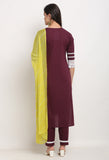 Wine Pure Cambric Cotton Floral Embroidered Kurta Set With Dupatta