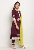 Wine Pure Cambric Cotton Floral Embroidered Kurta Set With Dupatta