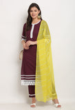 Wine Pure Cambric Cotton Floral Embroidered Kurta Set With Dupatta