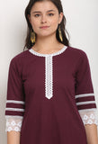 Wine Pure Cambric Cotton Floral Embroidered Kurta Set With Dupatta