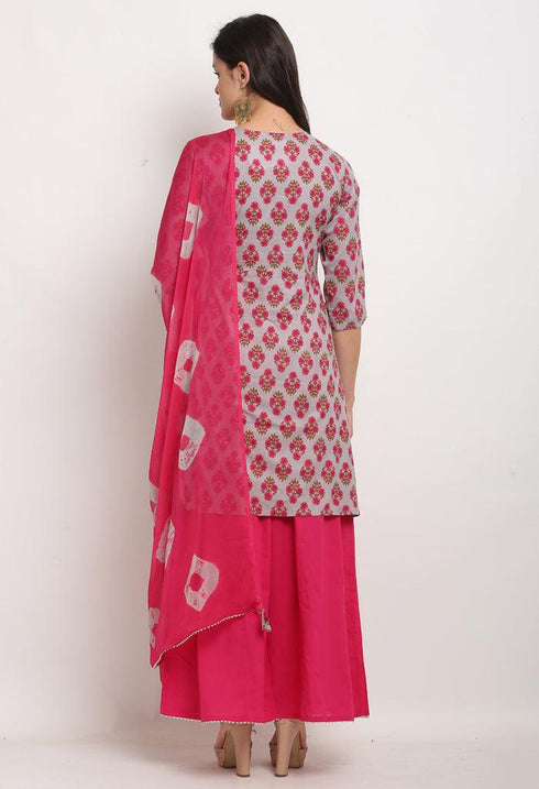 Grey And Pink Pure Cambric Cotton Floral Printed Kurta Set With Dupatta