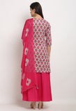 Grey And Pink Pure Cambric Cotton Floral Printed Kurta Set With Dupatta