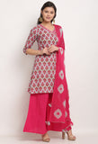 Grey And Pink Pure Cambric Cotton Floral Printed Kurta Set With Dupatta