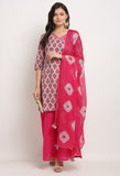 Grey And Pink Pure Cambric Cotton Floral Printed Kurta Set With Dupatta