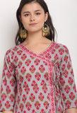 Grey And Pink Pure Cambric Cotton Floral Printed Kurta Set With Dupatta