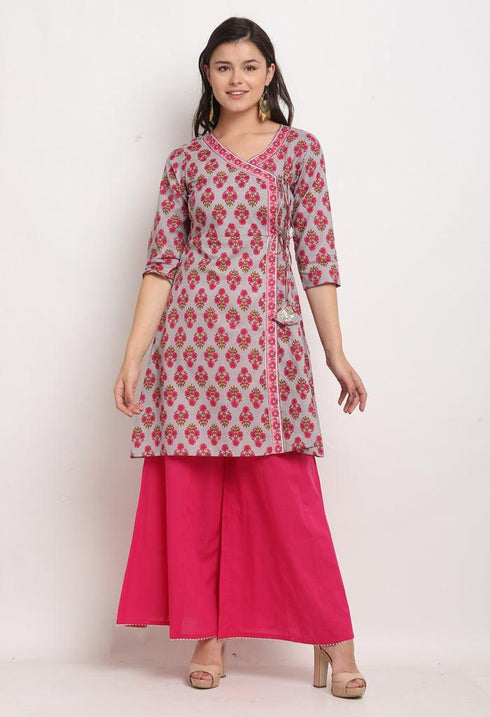 Grey And Pink Pure Cambric Cotton Floral Printed Kurta Set With Dupatta