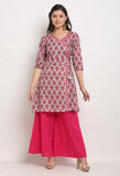 Grey And Pink Pure Cambric Cotton Floral Printed Kurta Set With Dupatta