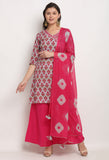 Grey And Pink Pure Cambric Cotton Floral Printed Kurta Set With Dupatta