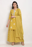 Yellow Pure Cambric Cotton Floral Printed Kurta Set With Dupatta