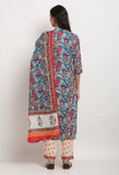 Navy Blue Pure Cambric Cotton Floral Printed Kurta Set With Dupatta