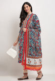 Navy Blue Pure Cambric Cotton Floral Printed Kurta Set With Dupatta