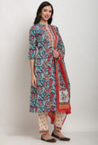 Navy Blue Pure Cambric Cotton Floral Printed Kurta Set With Dupatta