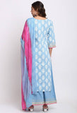 Blue Pure Cambric Cotton Floral Printed Kurta Set With Dupatta