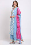 Blue Pure Cambric Cotton Floral Printed Kurta Set With Dupatta