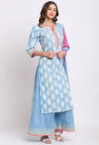 Blue Pure Cambric Cotton Floral Printed Kurta Set With Dupatta