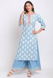 Blue Pure Cambric Cotton Floral Printed Kurta Set With Dupatta