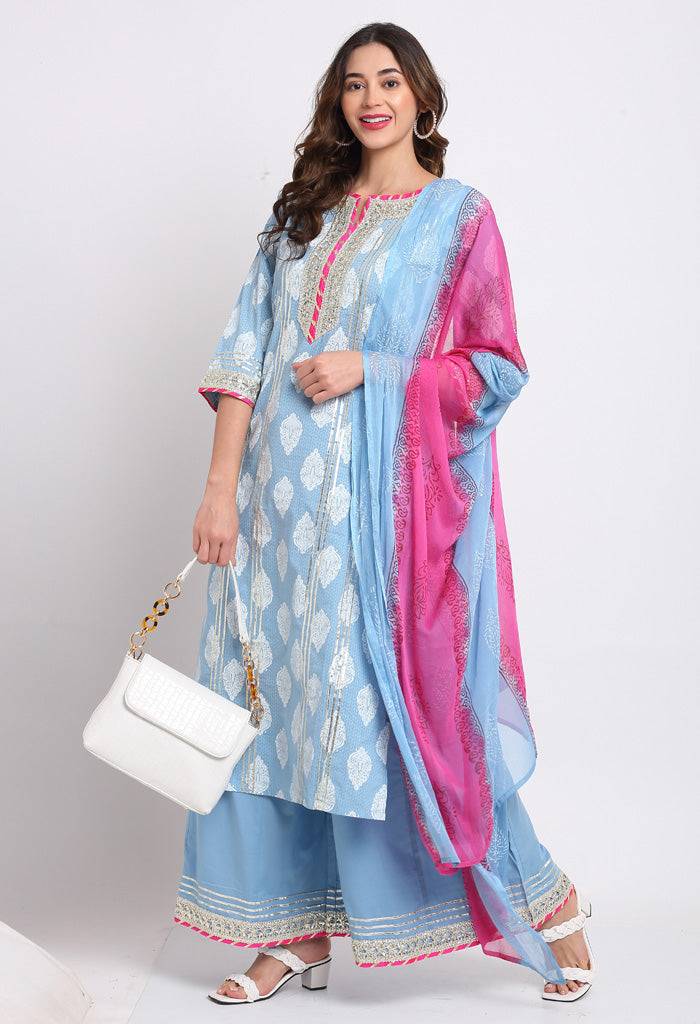 Blue Pure Cambric Cotton Floral Printed Kurta Set With Dupatta