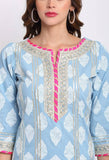 Blue Pure Cambric Cotton Floral Printed Kurta Set With Dupatta