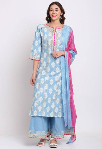 Blue Pure Cambric Cotton Floral Printed Kurta Set With Dupatta