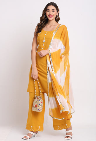 Yellow Pure Cambric Cotton Floral Embroidered Kurta Set With Dupatta