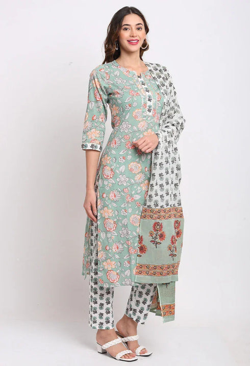 Sage Green Pure Cambric Cotton Floral Printed Kurta Set With Dupatta