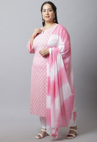 Pure Cambric Cotton Embroidered Plus Size Kurta Set With Dupatta